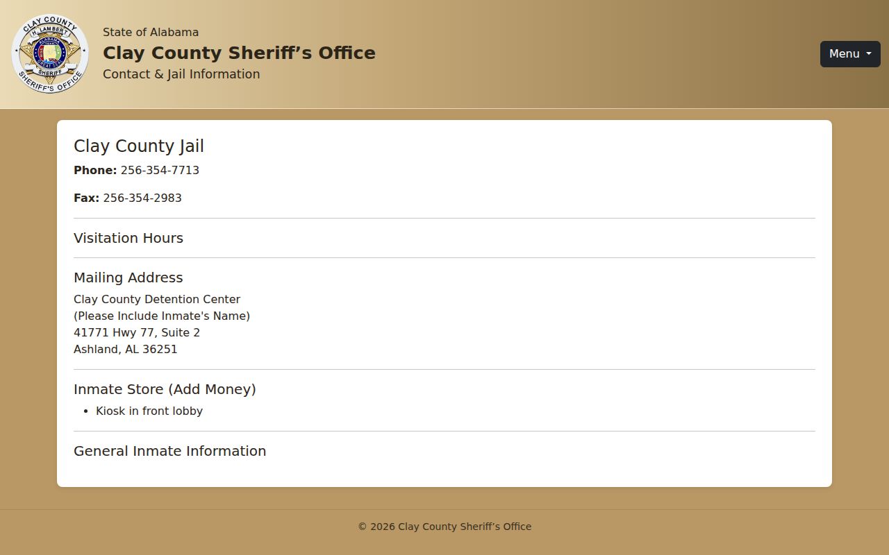 Clay County Detention Center booking record contact page