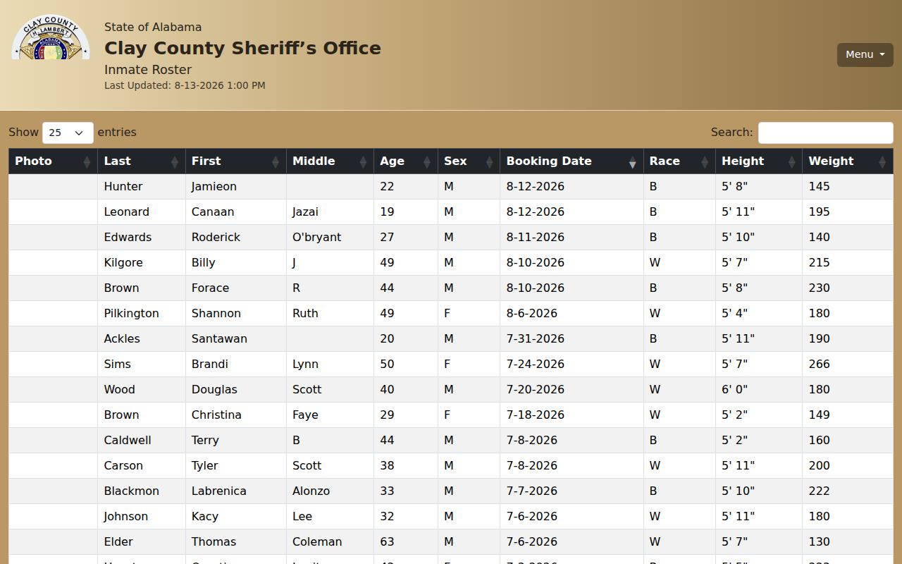 Clay County current jail roster and booking photo search