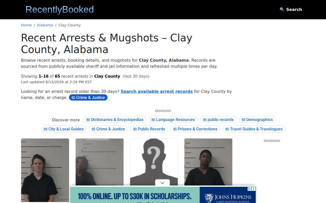 Unofficial Clay County booking discovery page used for Lineville arrest research